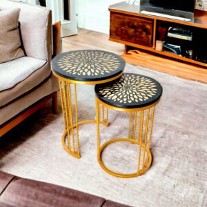 Nesting Side Table for Living Room | Set of 2 Tables | Gold Finish (Aranox-GFlower(B))