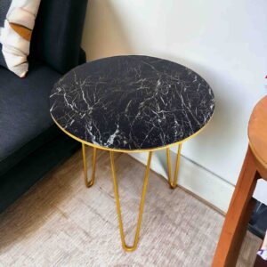 Black Marble and White Veins look Side Table with Gold Hairpin Legs | Compact Space Saving Side Tables for Living Room, Bedroom