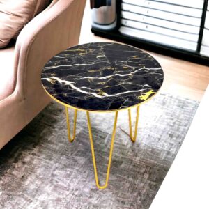 Black Aurora Marble look Side Table with Gold Hairpin Legs | Compact Space Saving Side Tables