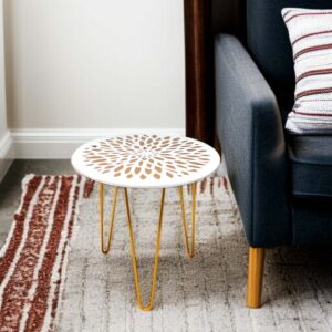 HenningsDecor Handcrafted Round Side Table With Intricate Floral Petal Inlay Pattern Top & Metal Gold Legs