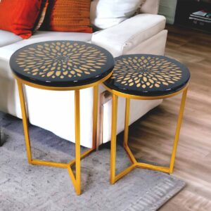 HENNINGS Metal End Tables for Living Room | Set of 2 | Gold Finish (Gold Flower(Black))