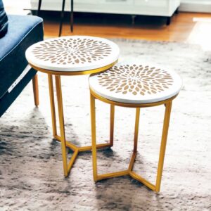 HENNINGS Metal End Tables for Living Room | Set of 2 | Gold Finish (GFlower-White)