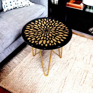 HenningsDecor Handcrafted Round Side Table With Intricate Floral Petal Inlay Pattern Top & Metal Gold Legs