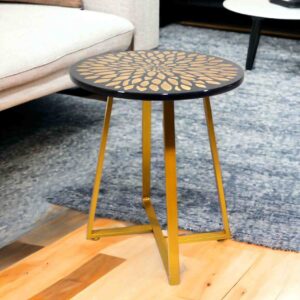 Black & Gold End Table with Floral Inlay | Modern End Table for Living Room or Bedroom (4A-GFlower-B)