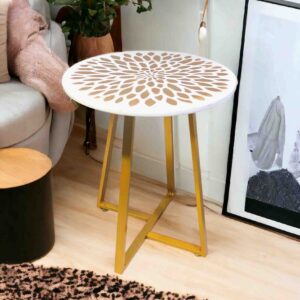 White & Gold End Table with Floral Inlay | Modern End Table for Living Room or Bedroom (4A-GFlower-W)