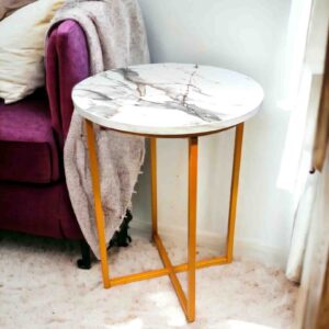 Metal End Tables for Living Room | Side Table | Gold Finish  (4GST-WhiteMarble01)
