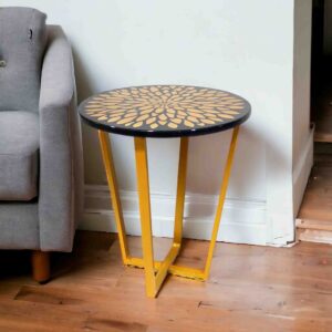 Black & Gold End Table with Floral Inlay | Modern End Table for Living Room or Bedroom (4V-GFlower-B)