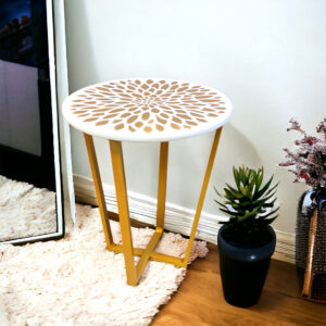 White & Gold End Table with Floral Inlay | Modern End Table for Living Room or Bedroom (4V-GFlower-W)