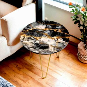 Black Marble look Side Table with Gold Hairpin Legs | Compact Space Saving Side Tables for Living Room, Bedroom