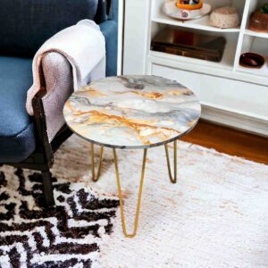 Orange Veined Agate Marble look Resin Side Table with Gold Hairpin Legs | Compact Space Saving Side Tables