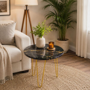 Black Marble look Side Table with Gold Hairpin Legs | Compact Space Saving Side Tables for Living Room, Bedroom