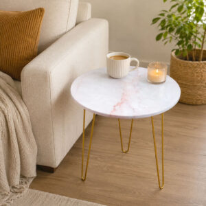 Pink Marble look Side Table with Gold Hairpin Legs | Compact Space Saving Side Tables for Living Room, Bedroom