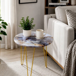 Blue Lagoon Marble look Side Table with Gold Hairpin Legs | Compact Space Saving Side Tables for Living Room, Bedroom