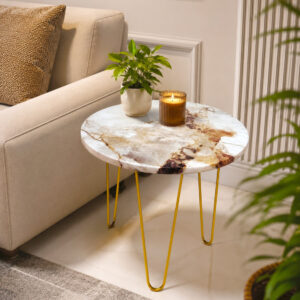 Cream Marble look Side Table with Gold Hairpin Legs | Compact Space Saving Side Tables for Living Room, Bedroom