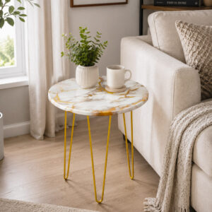 Ivory Gold Marble look Side Table with Gold Hairpin Legs | Compact Space Saving Side Tables for Living Room, Bedroom