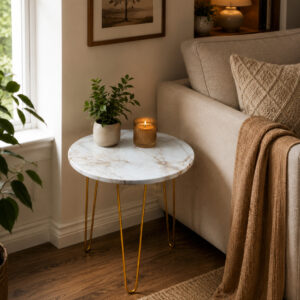 White & Grey Marble look Side Table with Gold Hairpin Legs | Compact Space Saving Side Tables for Living Room, Bedroom