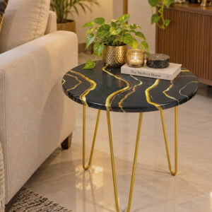 Black Resin Marble Side Table with Gold Hairpin Legs | Compact Space Saving Side Tables