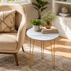 White Resin Marble Side Table with Gold Hairpin Legs | Compact Space Saving Side Tables
