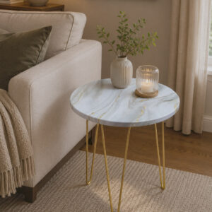 White & Grey Resin Marble Side Table with Gold Hairpin Legs | Compact Space Saving Side Tables