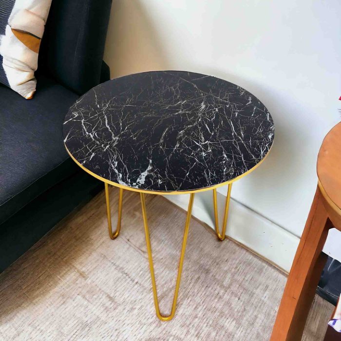 Black Marble and White Veins look Side Table with Gold Hairpin Legs | Compact Space Saving Side Tables for Living Room, Bedroom