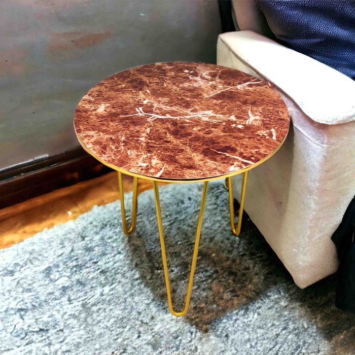 Red Marble look Side Table with Gold Hairpin Legs | Compact Space Saving Side Tables for Living Room, Bedroom