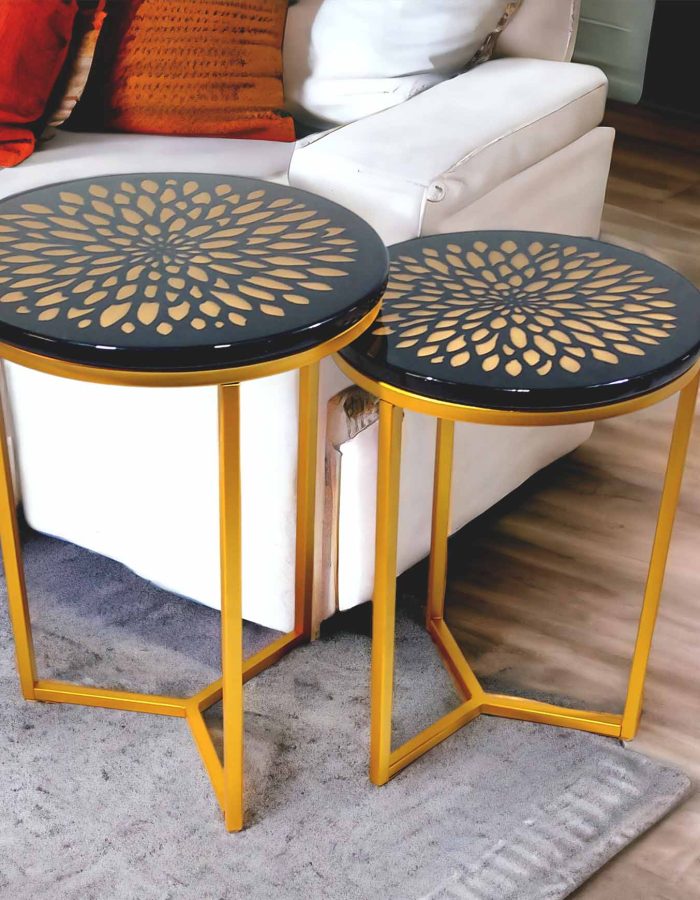 HENNINGS Metal End Tables for Living Room | Set of 2 | Gold Finish (Gold Flower(Black))