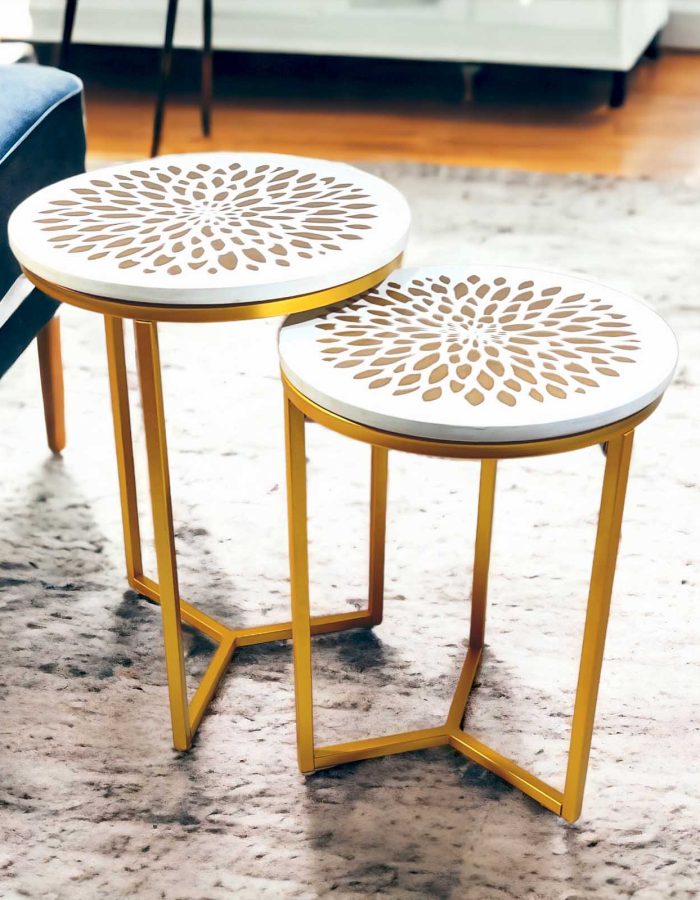 HENNINGS Metal End Tables for Living Room | Set of 2 | Gold Finish (GFlower-White)