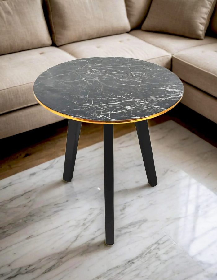 HENNINGS Wooden Side Table for Living Room | End Table | Round Design (Black&White Marble)