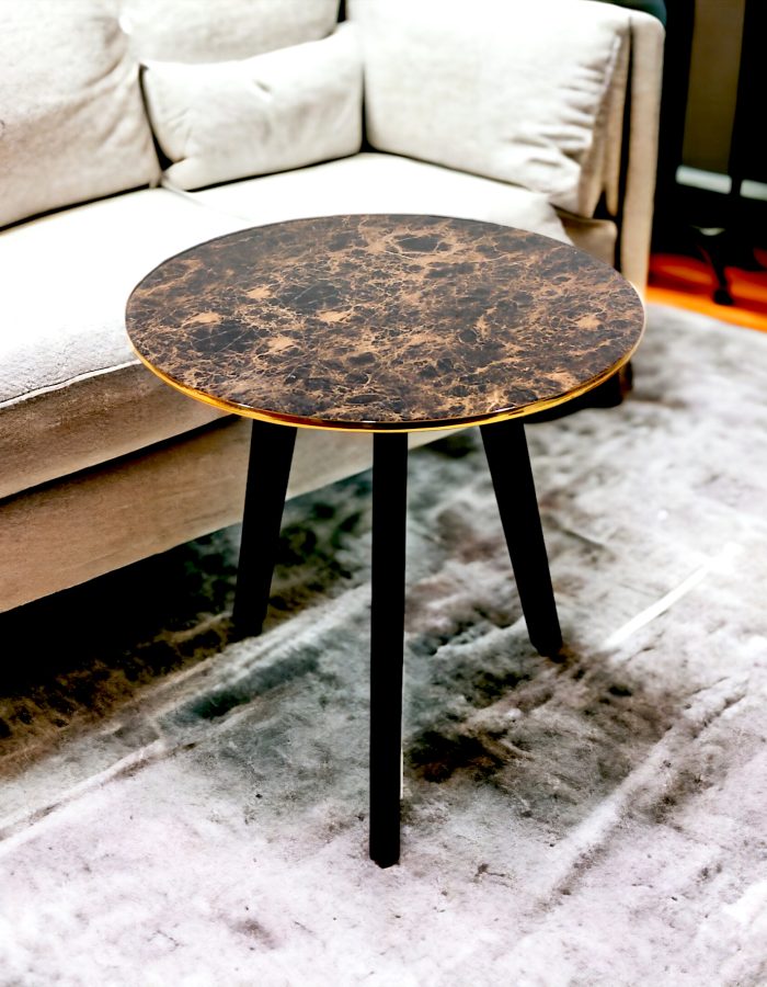 HENNINGS Wooden Side Table for Living Room | End Table | Round Design (Brown Marble)