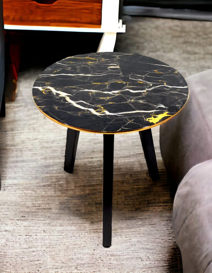 HENNINGS Wooden Side Table for Living Room | End Table | Round Design (Yellow Marble)