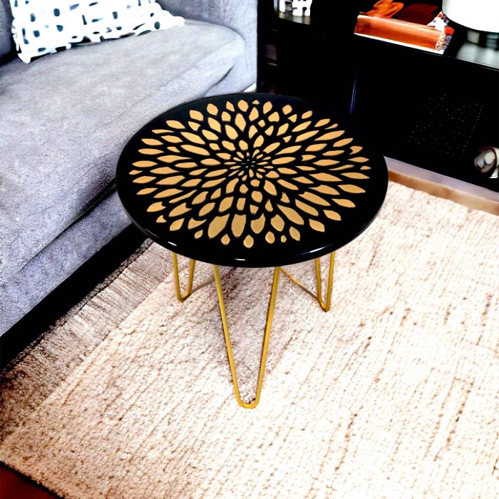 HenningsDecor Handcrafted Round Side Table With Intricate Floral Petal Inlay Pattern Top & Metal Gold Legs