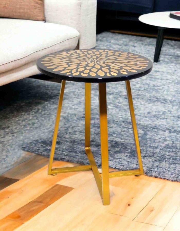 Black & Gold End Table with Floral Inlay | Modern End Table for Living Room or Bedroom (4A-GFlower-B)