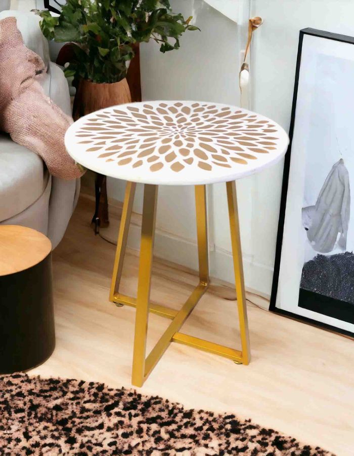 White & Gold End Table with Floral Inlay | Modern End Table for Living Room or Bedroom (4A-GFlower-W)