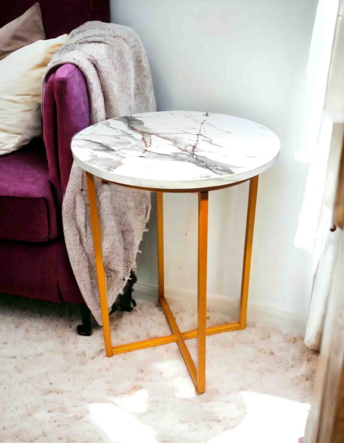 Metal End Tables for Living Room | Side Table | Gold Finish  (4GST-WhiteMarble01)