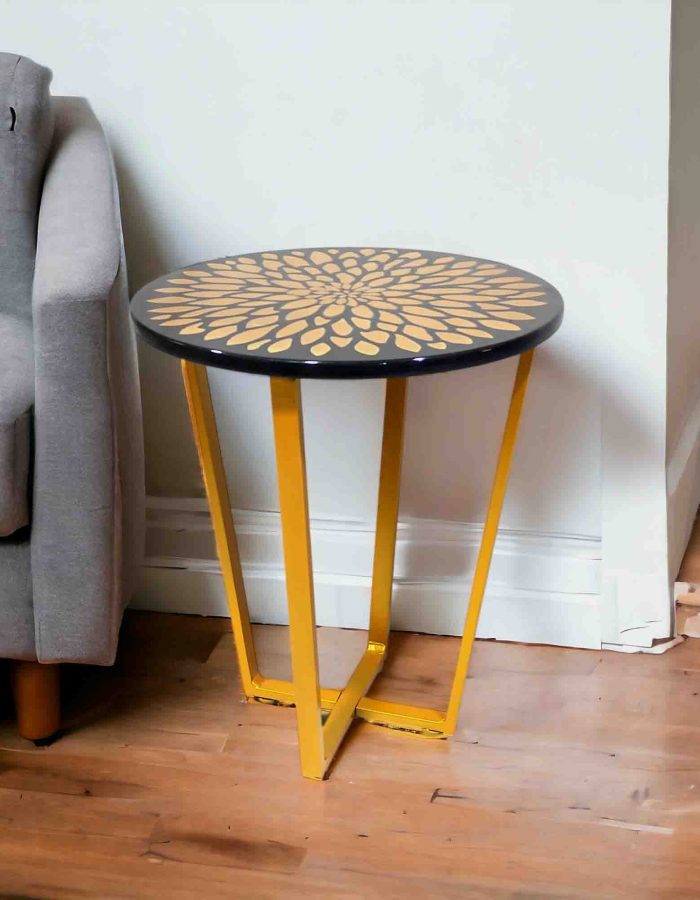 Black & Gold End Table with Floral Inlay | Modern End Table for Living Room or Bedroom (4V-GFlower-B)