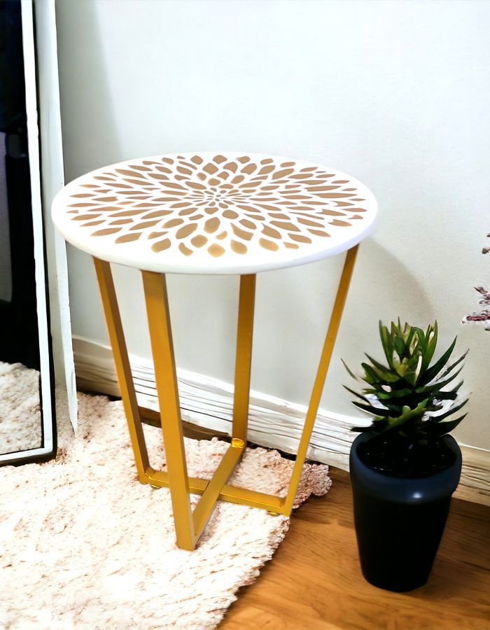 White & Gold End Table with Floral Inlay | Modern End Table for Living Room or Bedroom (4V-GFlower-W)