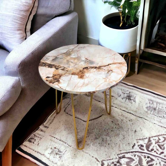 Cream Marble look Side Table with Gold Hairpin Legs | Compact Space Saving Side Tables for Living Room, Bedroom