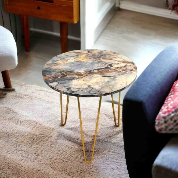 Cream Marble look Side Table with Gold Hairpin Legs | Compact Space Saving Side Tables for Living Room, Bedroom