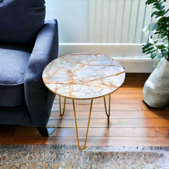 White & Gold Marble look Side Table with Gold Hairpin Legs | Compact Space Saving Side Tables for Living Room, Bedroom