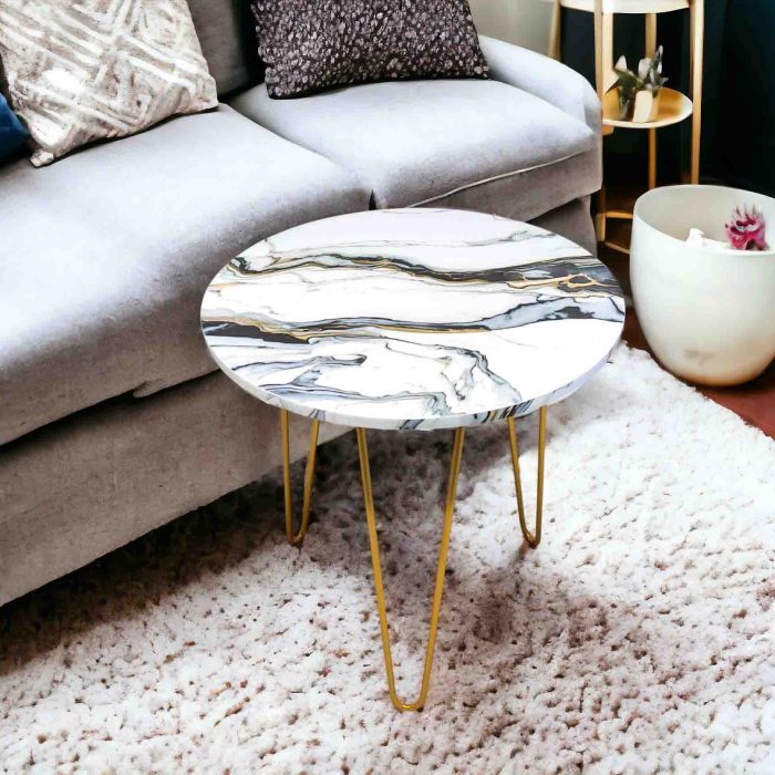 White with Black Veins Marble look Side Table with Gold Hairpin Legs | Compact Space Saving Side Tables for Living Room, Bedroom